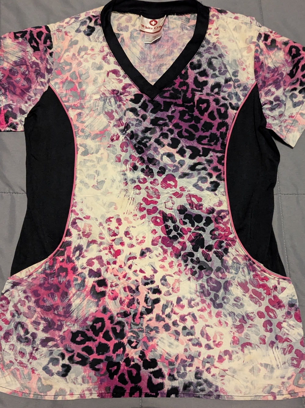 White Cross Pink & Black Leopard-Print V-Neck Scrub Top